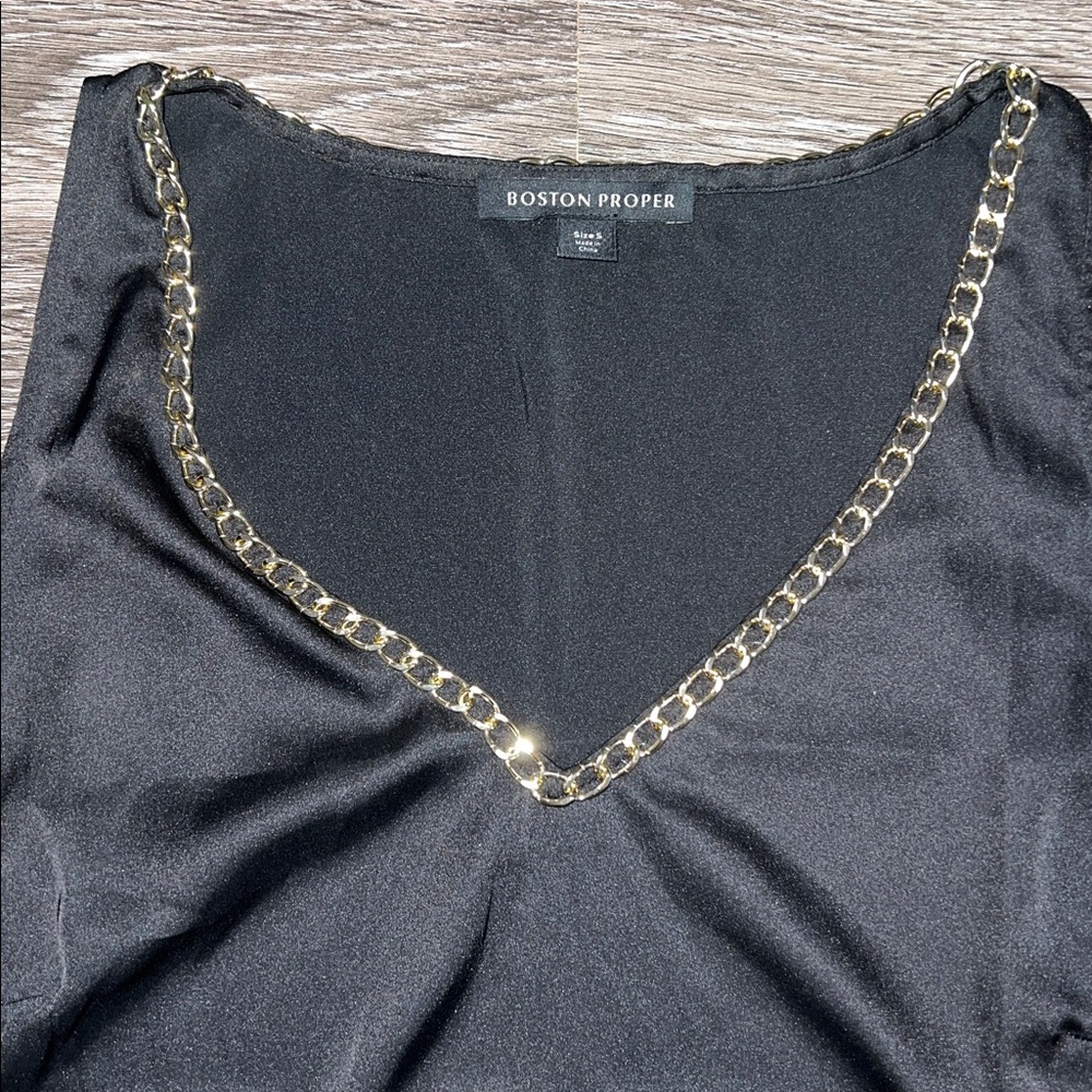 Boston Proper Black Satin Camisole with Gold Chain Neck line - Picture 3 of 9